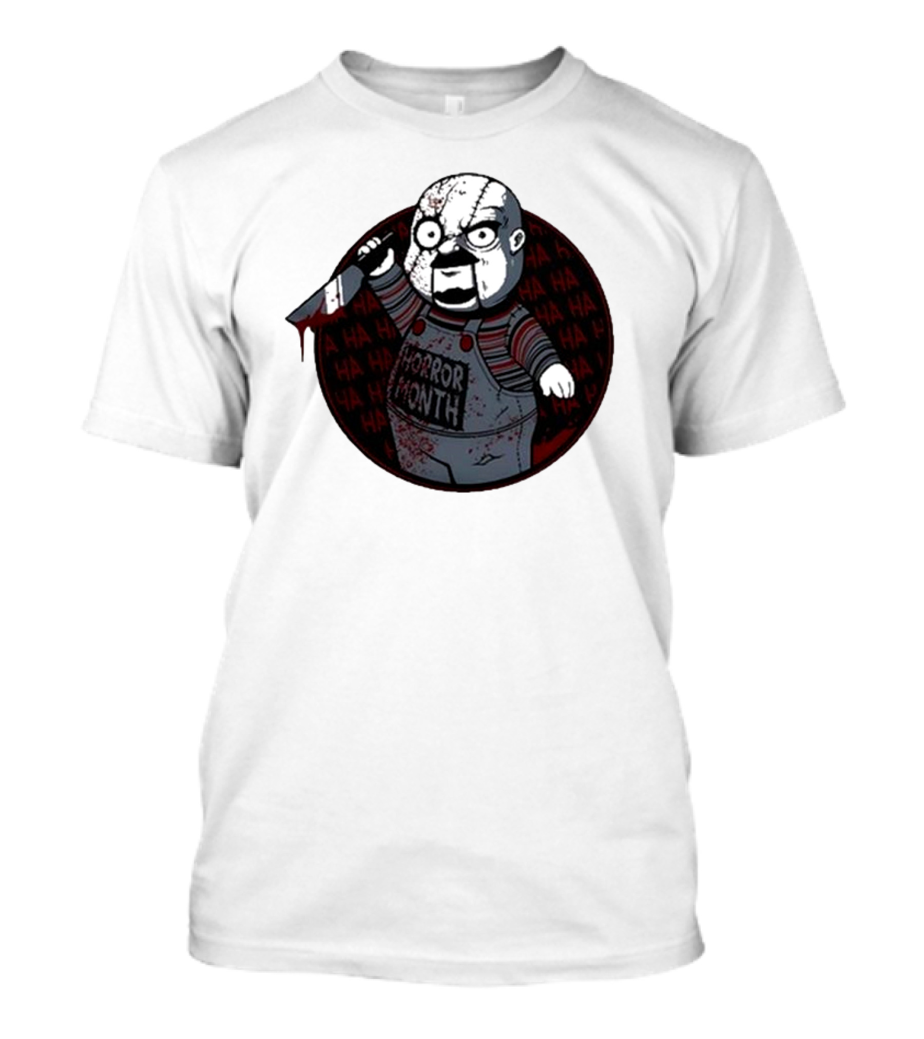 Horror Month Screen Printed Bloody Knife HA HA Masked Character T-Shirt