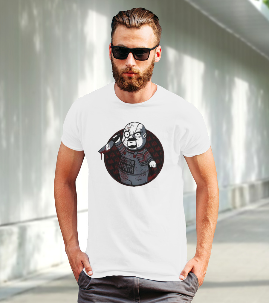 Horror Month Screen Printed Bloody Knife HA HA Masked Character T-Shirt