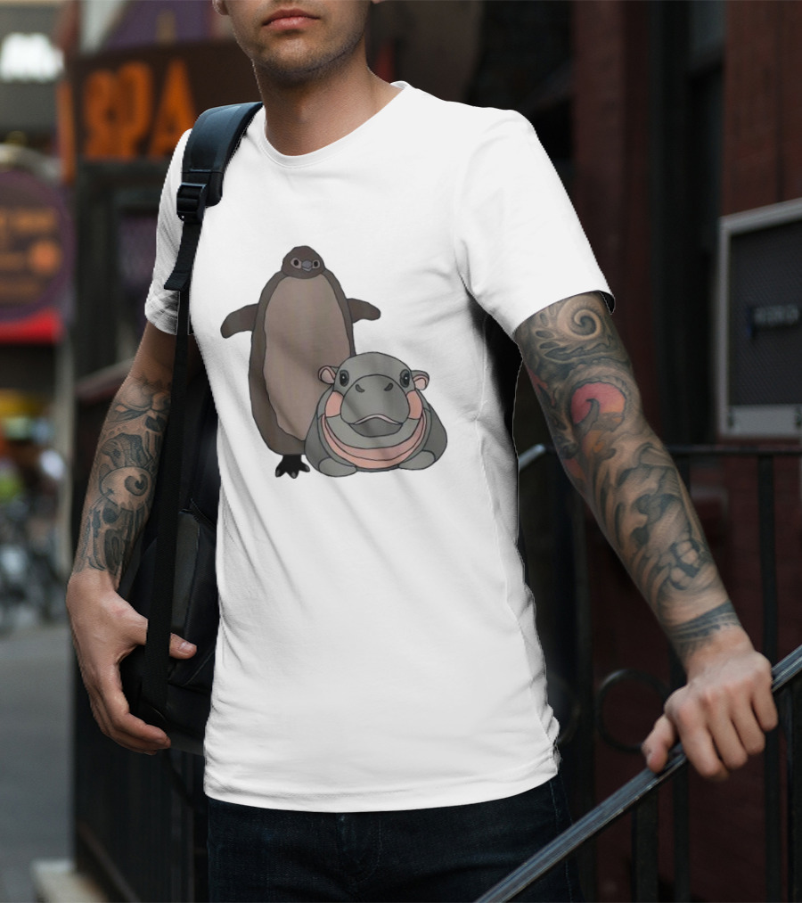 Pesto The Penguin And Moo Deng The Baby Hippo Cartoon Characters T-Shirt