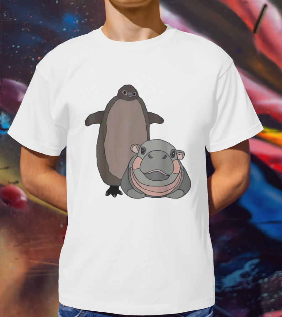 Pesto The Penguin And Moo Deng The Baby Hippo Cartoon Characters T-Shirt