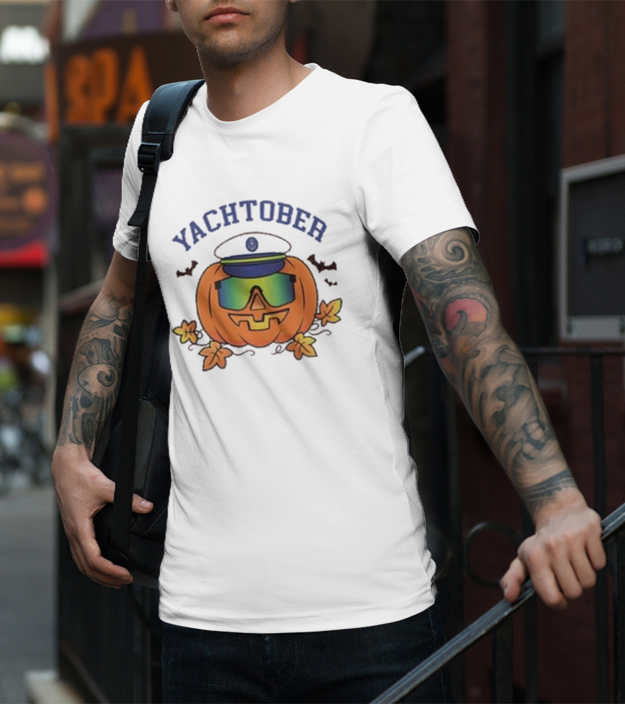 Yachtober Captain Pumpkin With Sunglasses And Bats T-Shirt