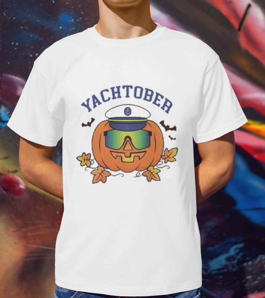 Yachtober Captain Pumpkin With Sunglasses And Bats T-Shirt