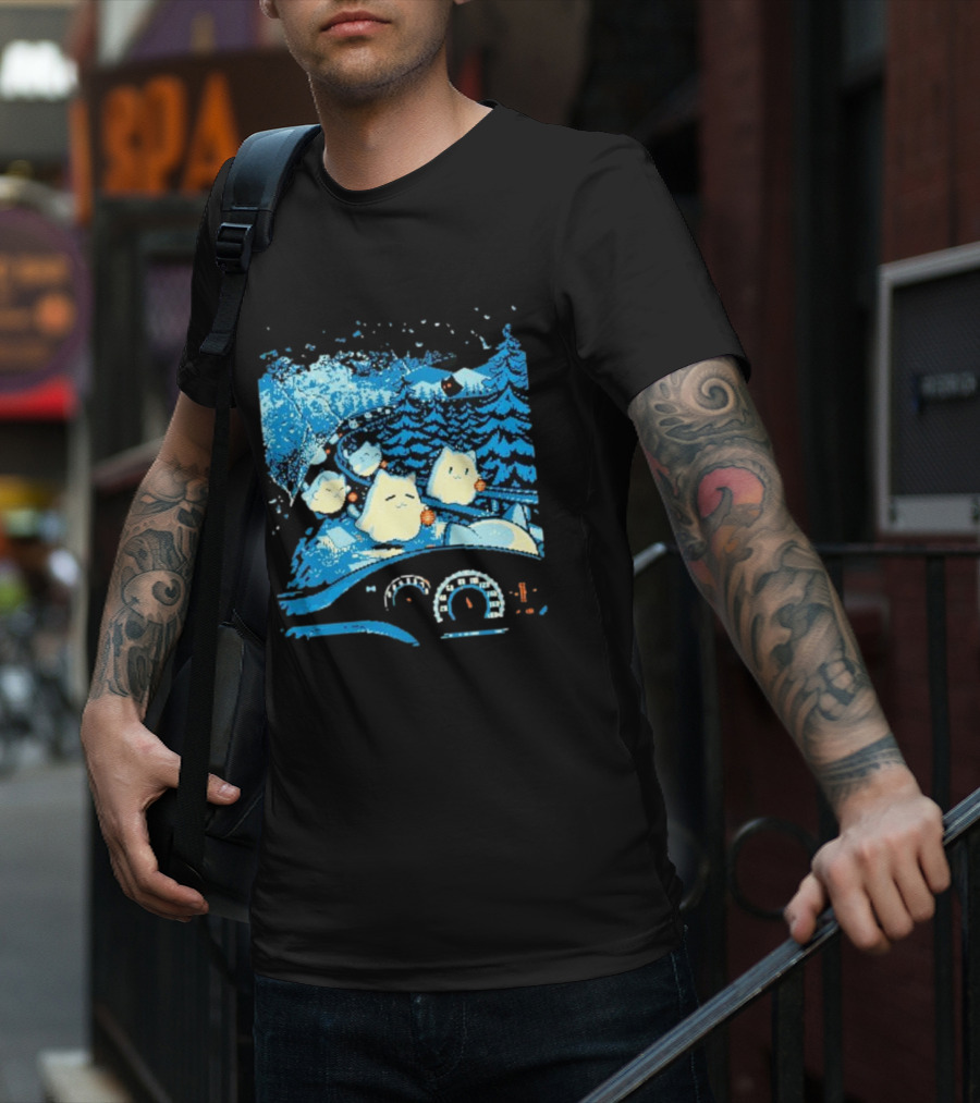 Haunted Road Pixel Art Ghost Cats Forest Adventure T-Shirt