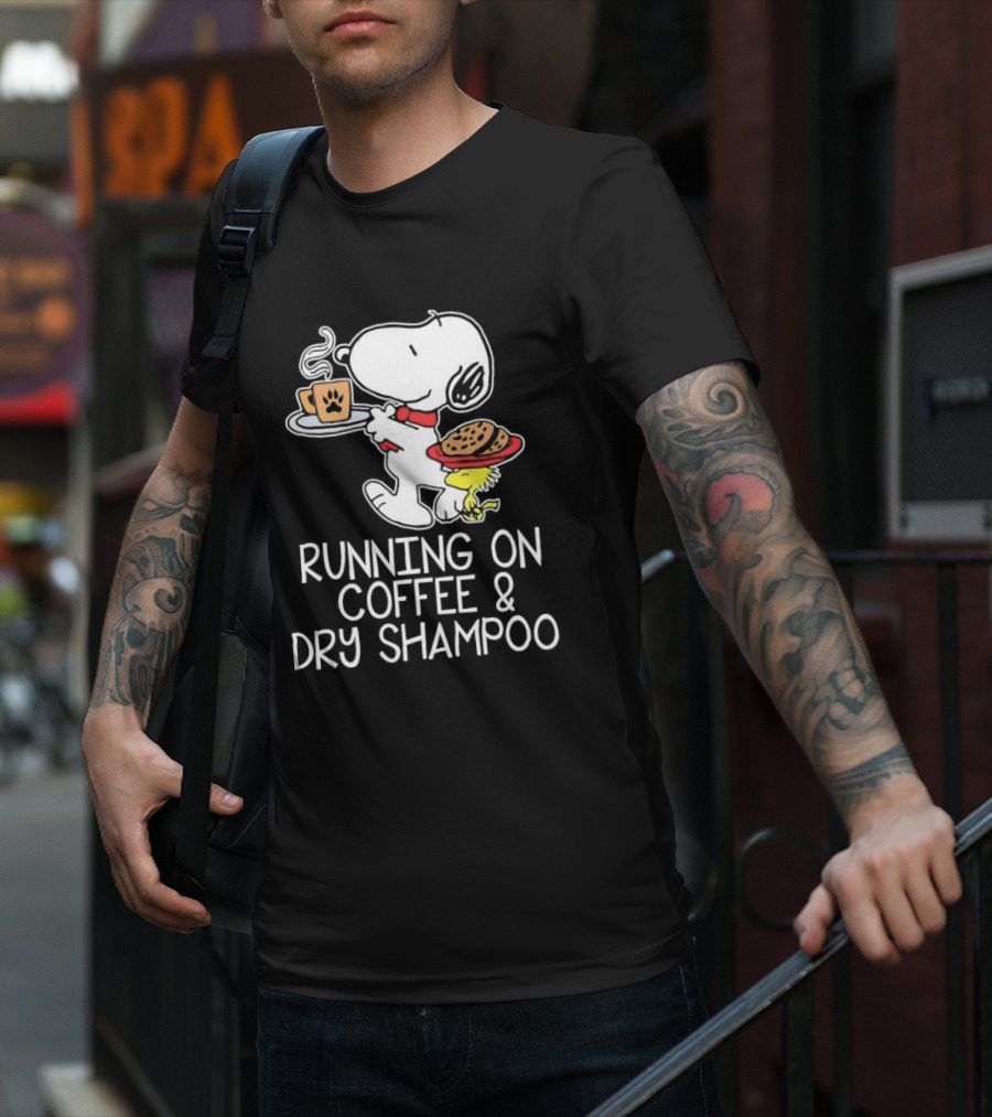 Snoopy And Woodstock Running On Coffee And Dry Shampoo T-Shirt