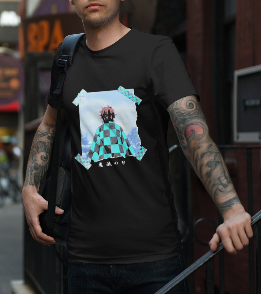 Demon Slayer Kimetsu No Yaiba Tanjiro Checkered Cloak Japanese Text UT Collection T-Shirt