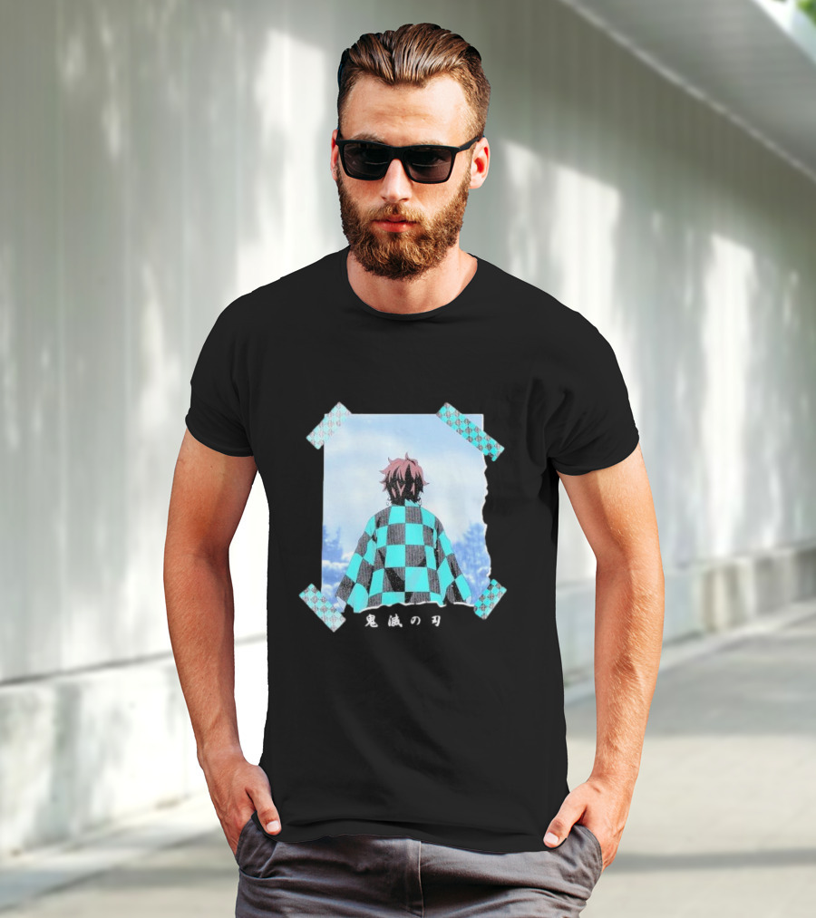 Demon Slayer Kimetsu No Yaiba Tanjiro Checkered Cloak Japanese Text UT Collection T-Shirt