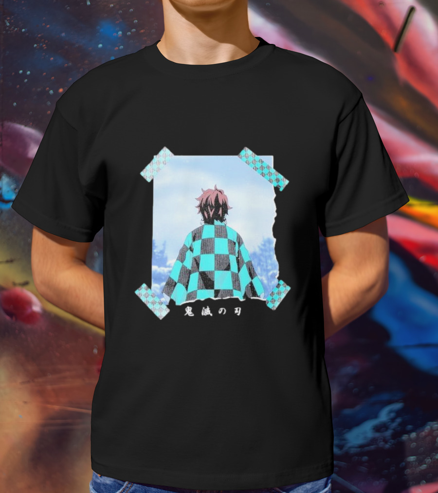 Demon Slayer Kimetsu No Yaiba Tanjiro Checkered Cloak Japanese Text UT Collection T-Shirt