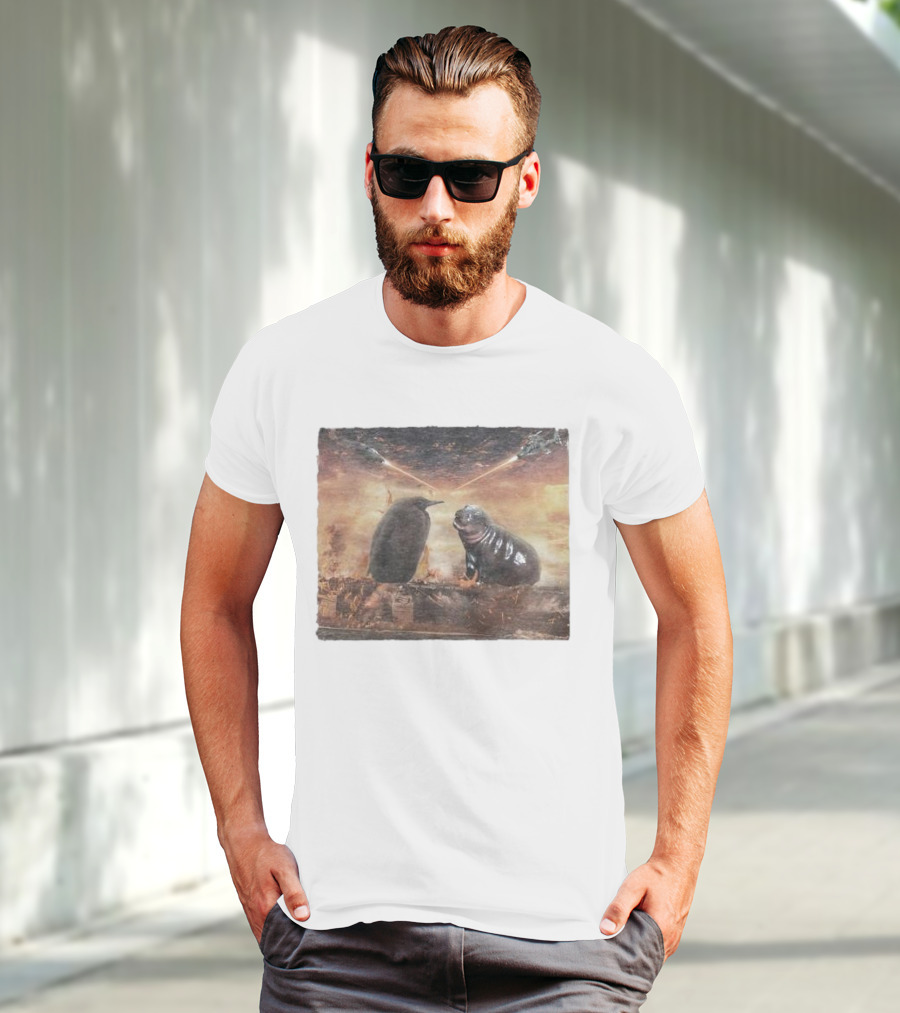 Baby Pesto Penguin Standoff With Moo Deng Amidst Battling Spaceships T-Shirt