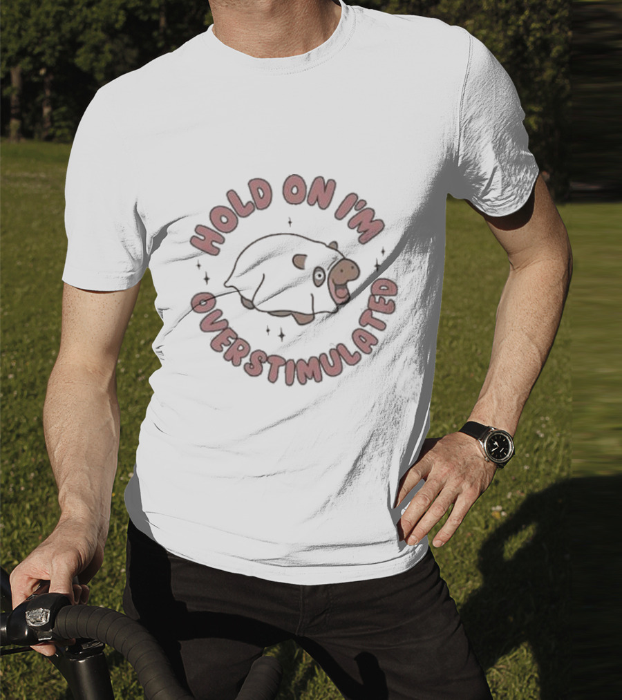 Hold On I'm Overstimulated Cute Cartoon Cow With Sparkles T-Shirt