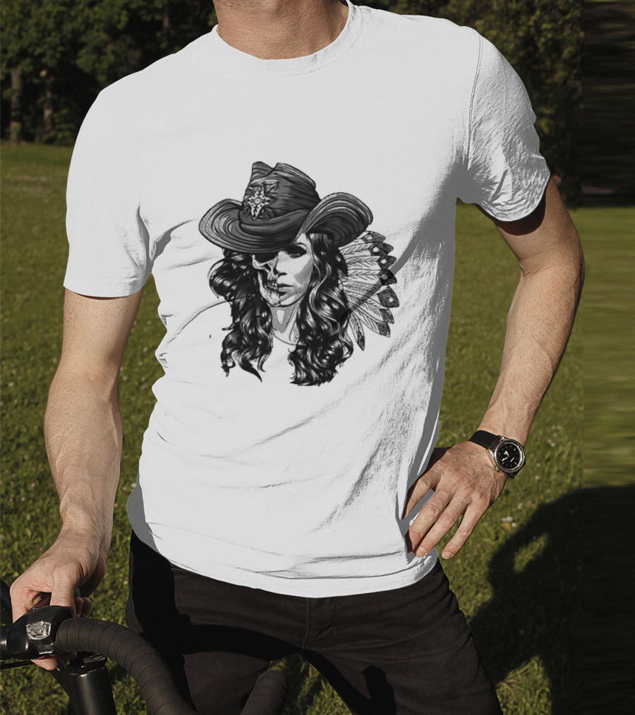 Mickie James Ghost Rider Cowgirl Skull Feather Hat T-Shirt