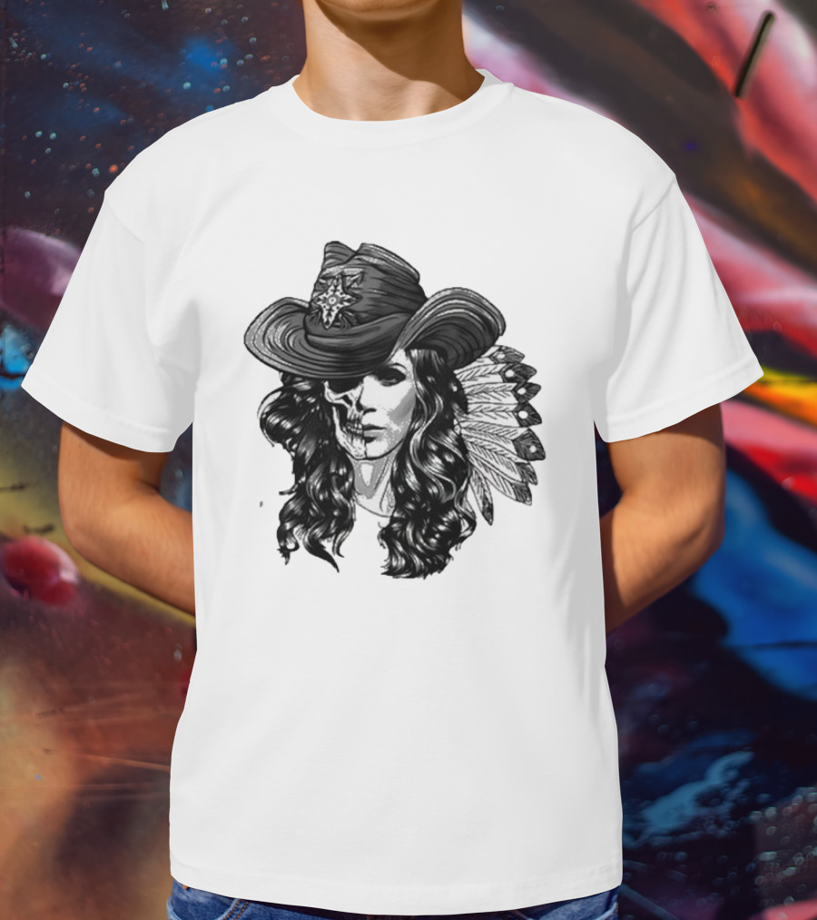 Mickie James Ghost Rider Cowgirl Skull Feather Hat T-Shirt