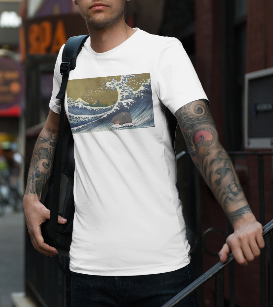 Moo Deng Surfing The Great Wave Off Kanagawa Hybrid T-Shirt
