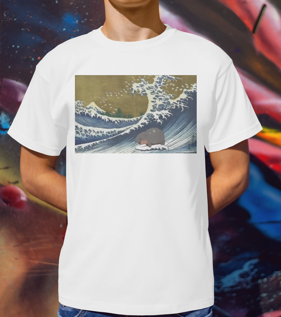 Moo Deng Surfing The Great Wave Off Kanagawa Hybrid T-Shirt