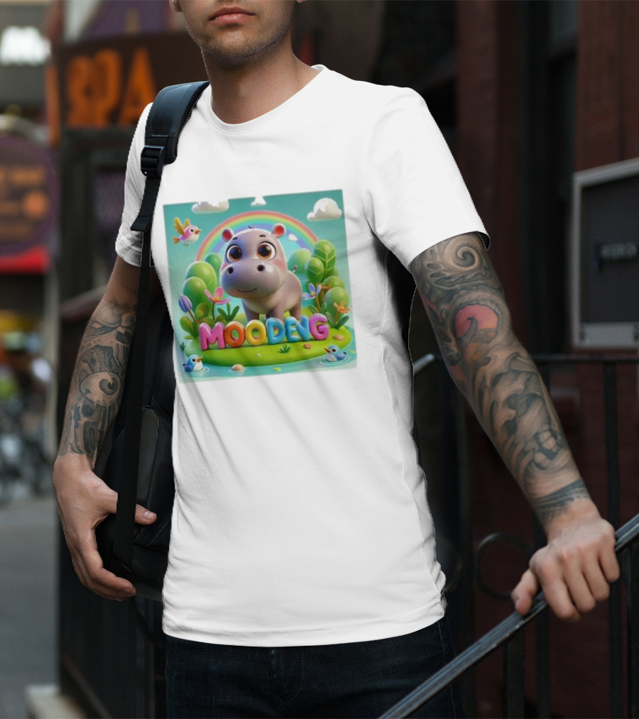Moo-Deng The Famous Baby Pygmy Hippo Moo Deng Rainbow Meadow Scene T-Shirt