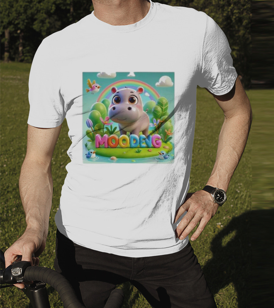 Moo-Deng The Famous Baby Pygmy Hippo Moo Deng Rainbow Meadow Scene T-Shirt