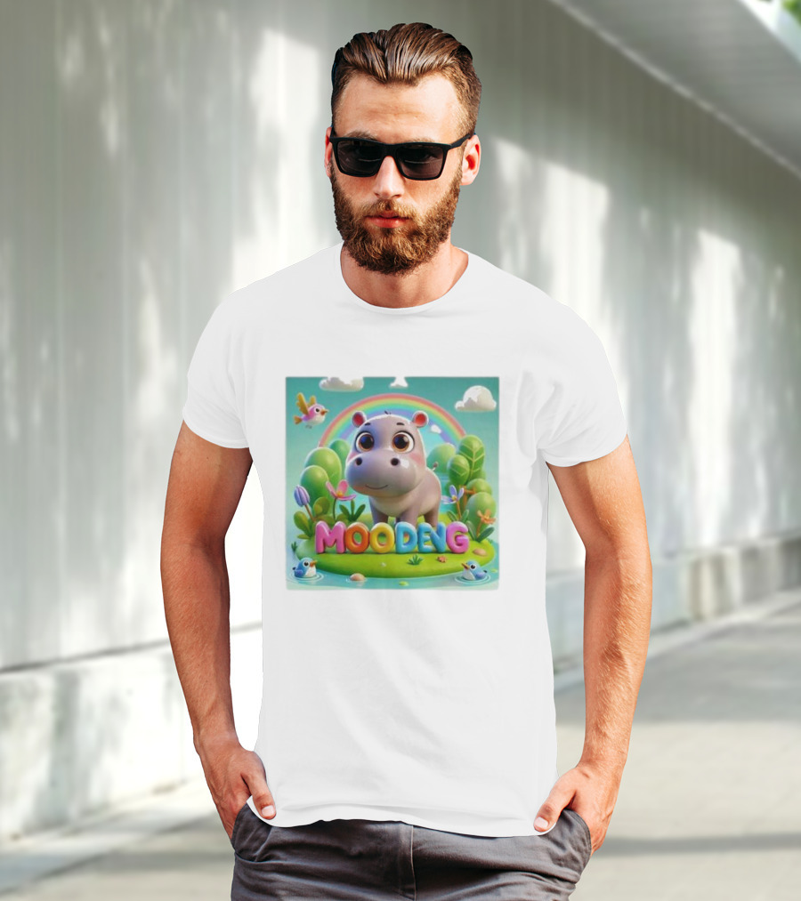 Moo-Deng The Famous Baby Pygmy Hippo Moo Deng Rainbow Meadow Scene T-Shirt