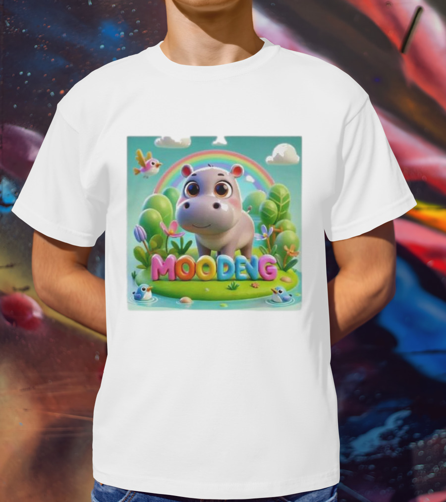 Moo-Deng The Famous Baby Pygmy Hippo Moo Deng Rainbow Meadow Scene T-Shirt