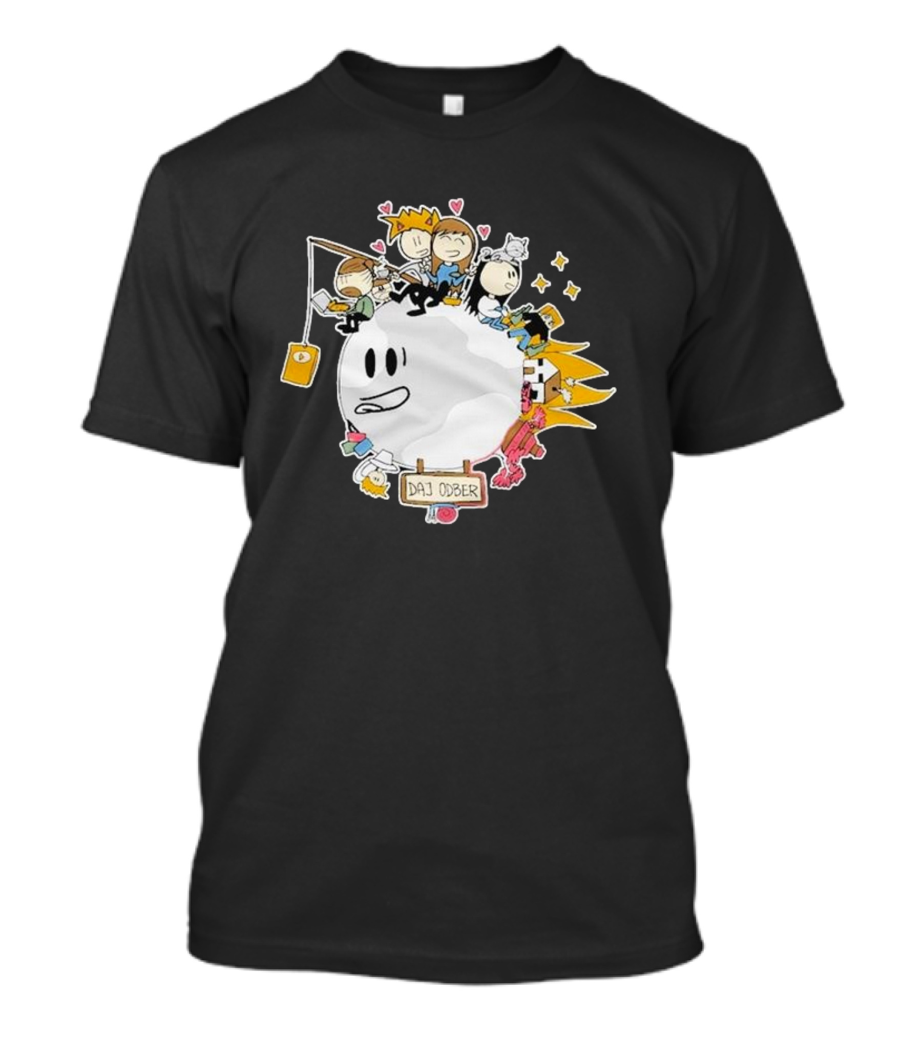 Daj Odber Cartoon Characters Around Smiling Moon With Expressions And Accessories T-Shirt