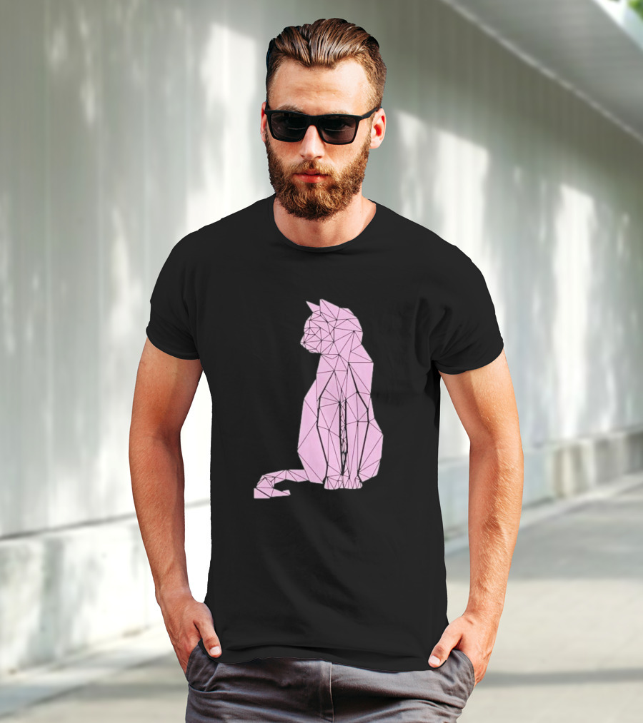 Geometric Cat Feline Pet Lover Minimalist Pink Line T-Shirt