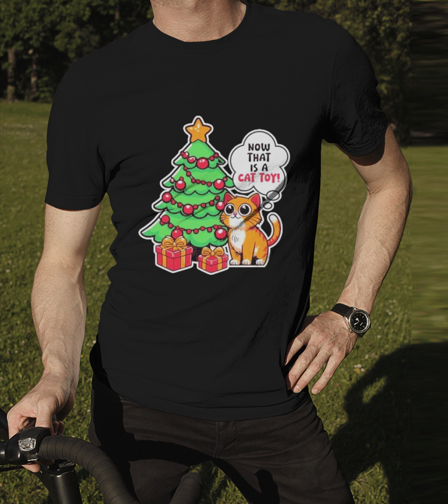 Now That Is A Cat Toy A Cute Orange Cat With Wide Eyes Next To Decorated Christmas Tree T-Shirt