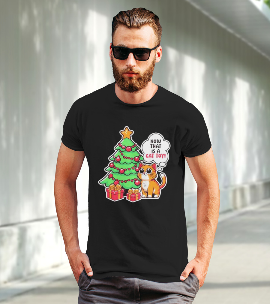 Now That Is A Cat Toy A Cute Orange Cat With Wide Eyes Next To Decorated Christmas Tree T-Shirt