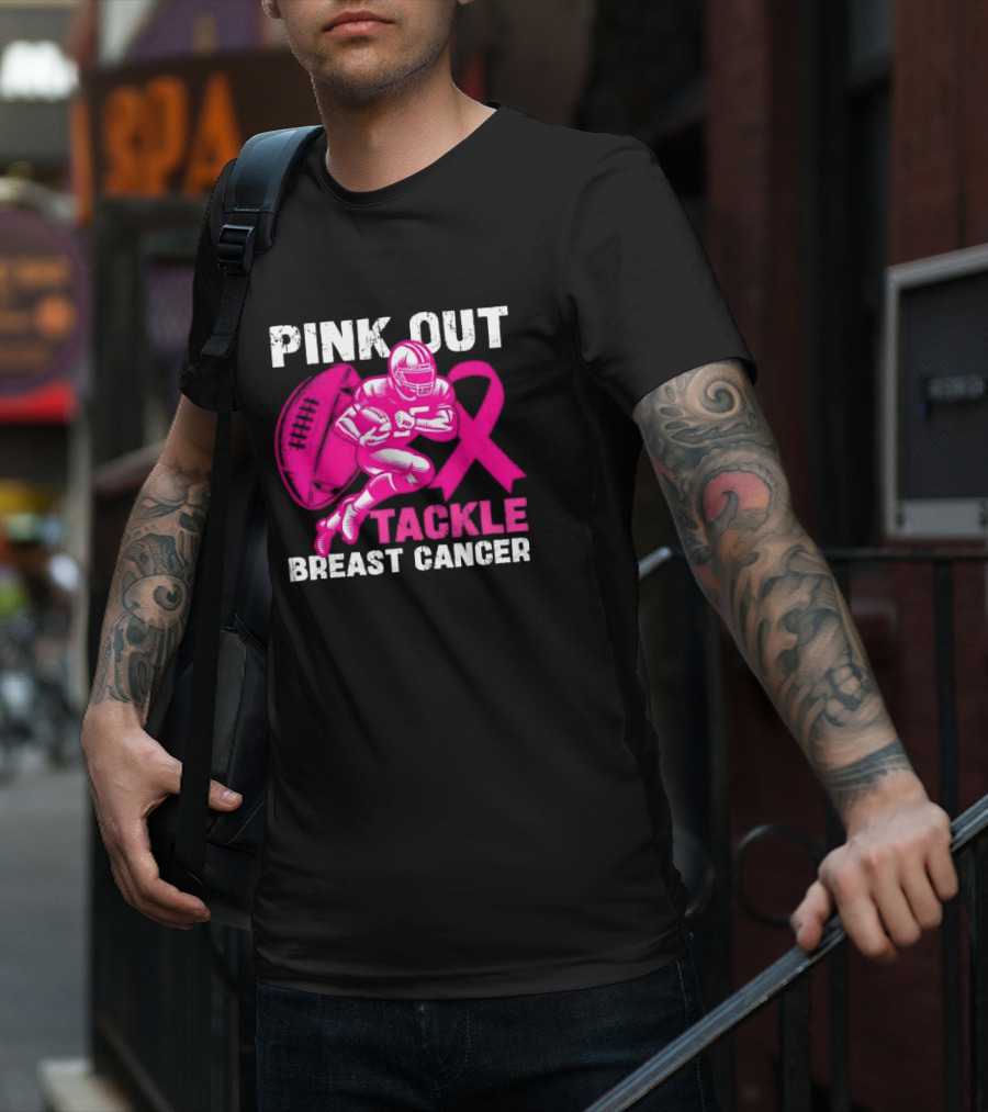 PINK OUT TACKLE BREAST CANCER Football Players Awareness T-Shirt