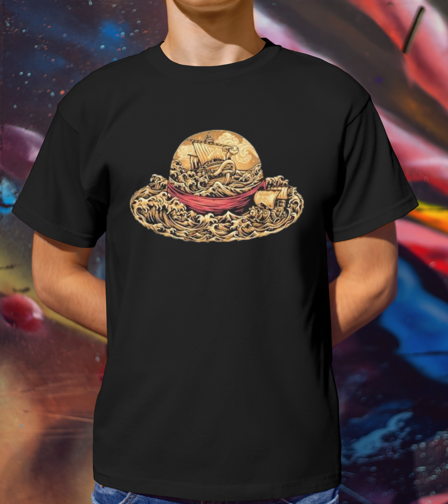 Pirate Hat Sea Waves Boat Japanese Luffy T-Shirt