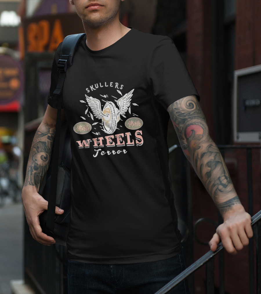 Skullers Wheels Terror With Winged Wheel And 佛福 Symbols T-Shirt