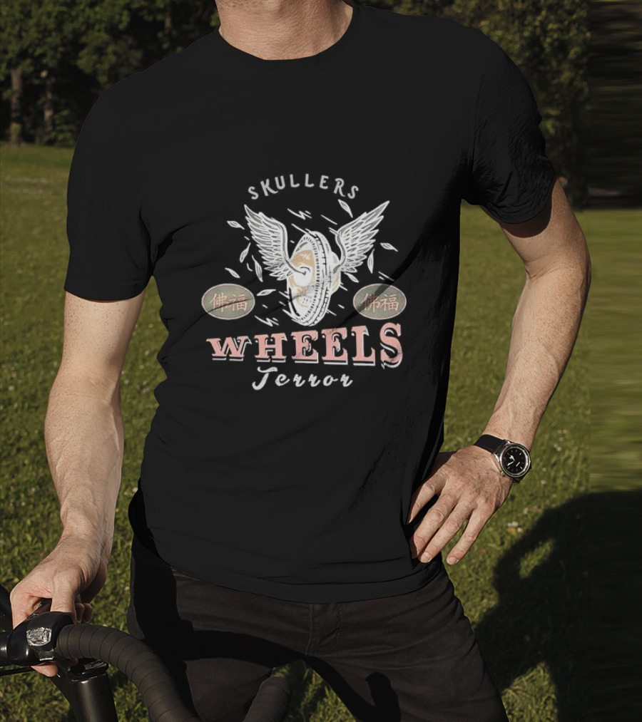 Skullers Wheels Terror With Winged Wheel And 佛福 Symbols T-Shirt