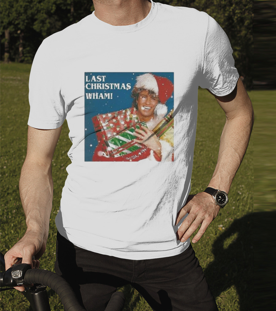 Last Christmas Wham George Michael Santa Hat Holding Gift T-Shirt