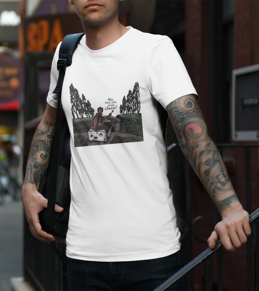 Devil Hey Have You Tried Cheese Sitting On Large Cheese Block In Countryside Scene T-Shirt