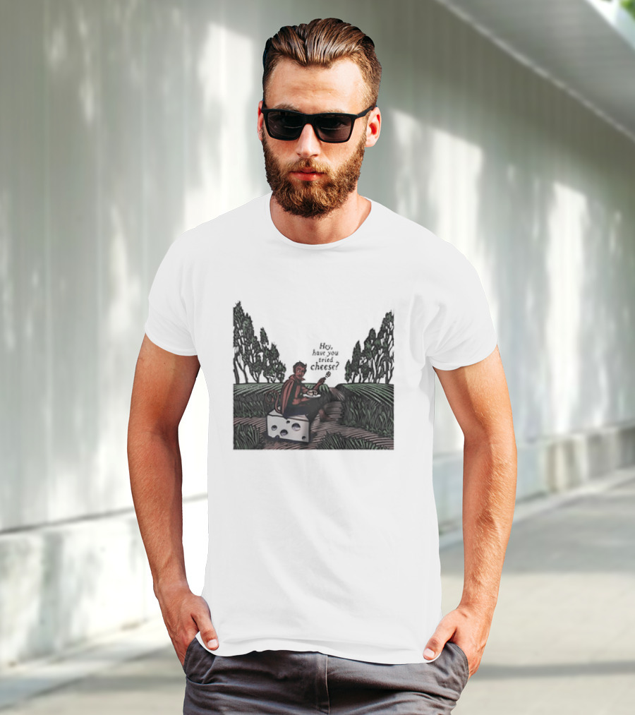 Devil Hey Have You Tried Cheese Sitting On Large Cheese Block In Countryside Scene T-Shirt