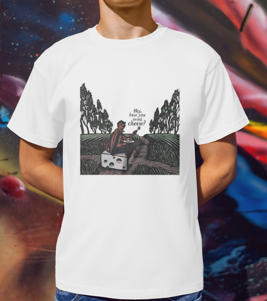 Devil Hey Have You Tried Cheese Sitting On Large Cheese Block In Countryside Scene T-Shirt