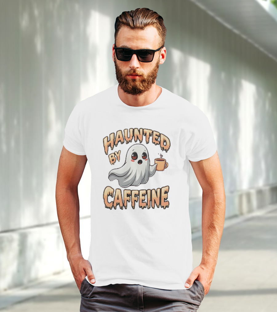 Haunted By Caffeine Ghost Holding Coffee Cup T-Shirt