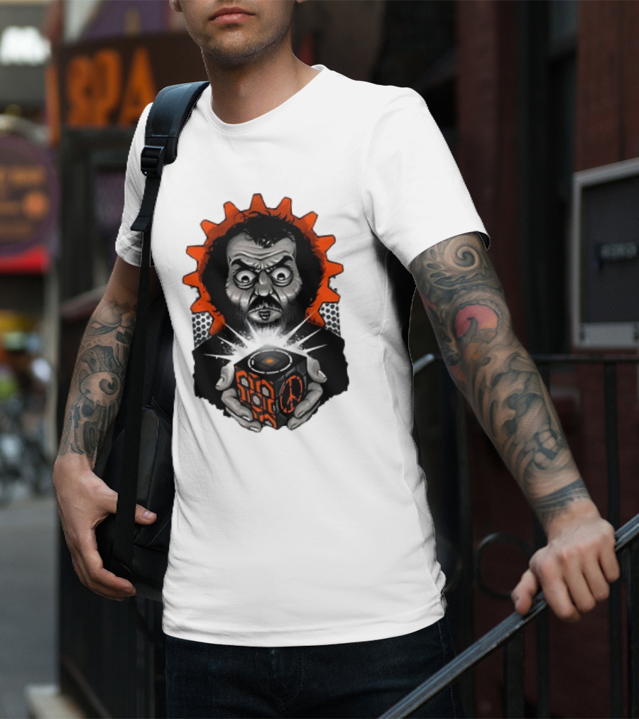 Stanley Kubrick Holding Glowing Cube With Orange Cogs And Geometric T-Shirt