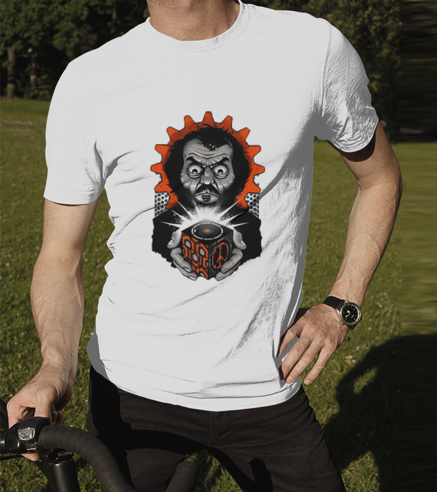 Stanley Kubrick Holding Glowing Cube With Orange Cogs And Geometric T-Shirt