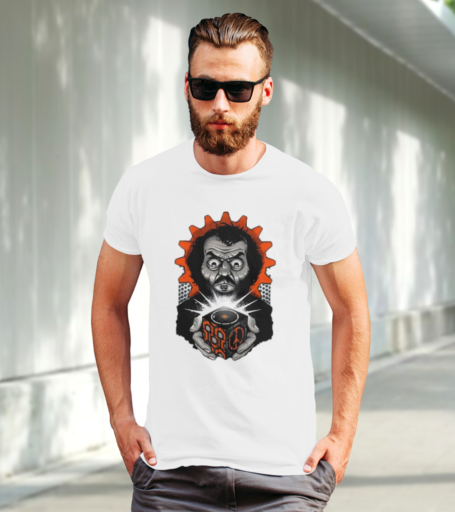 Stanley Kubrick Holding Glowing Cube With Orange Cogs And Geometric T-Shirt