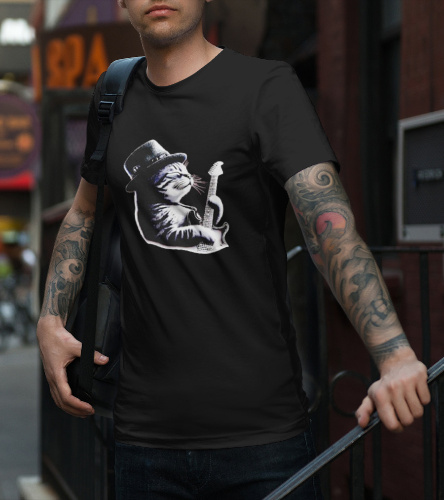 Cat Playing Guitar Funny Rock Music Guitar Cat T-Shirt