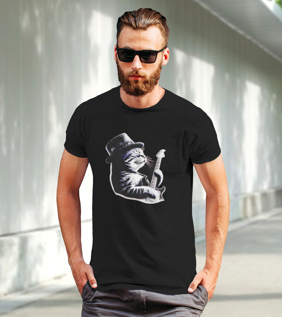 Cat Playing Guitar Funny Rock Music Guitar Cat T-Shirt