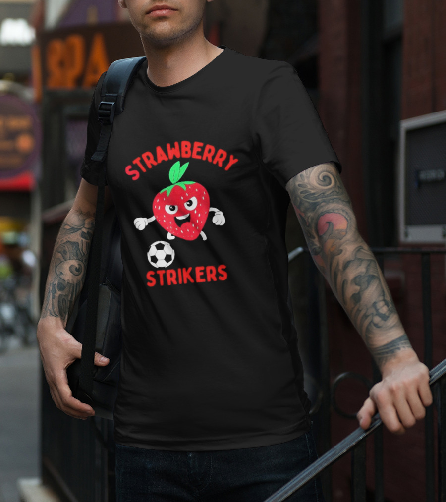 Strawberry Strikers Soccer Team Fun Cartoon With Soccer Ball T-Shirt