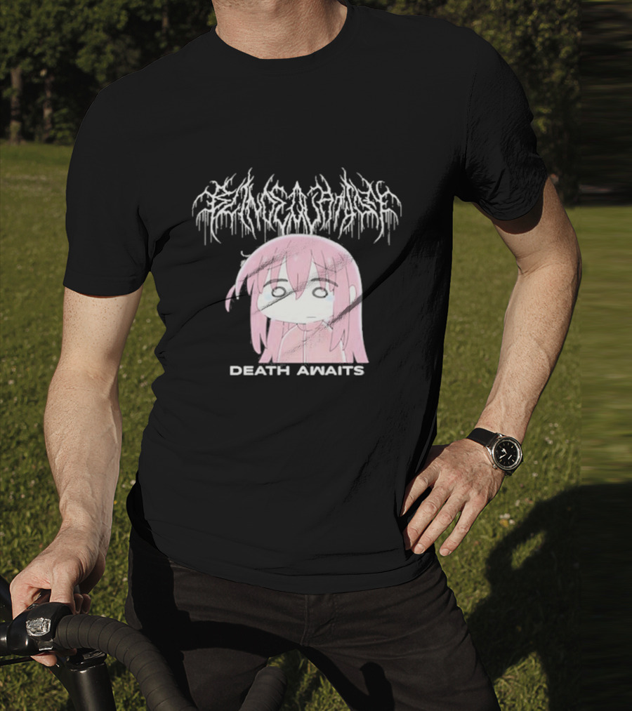 Bocchi The Rock Death Awaits Metal Style Art With Pink-Haired Character T-Shirt