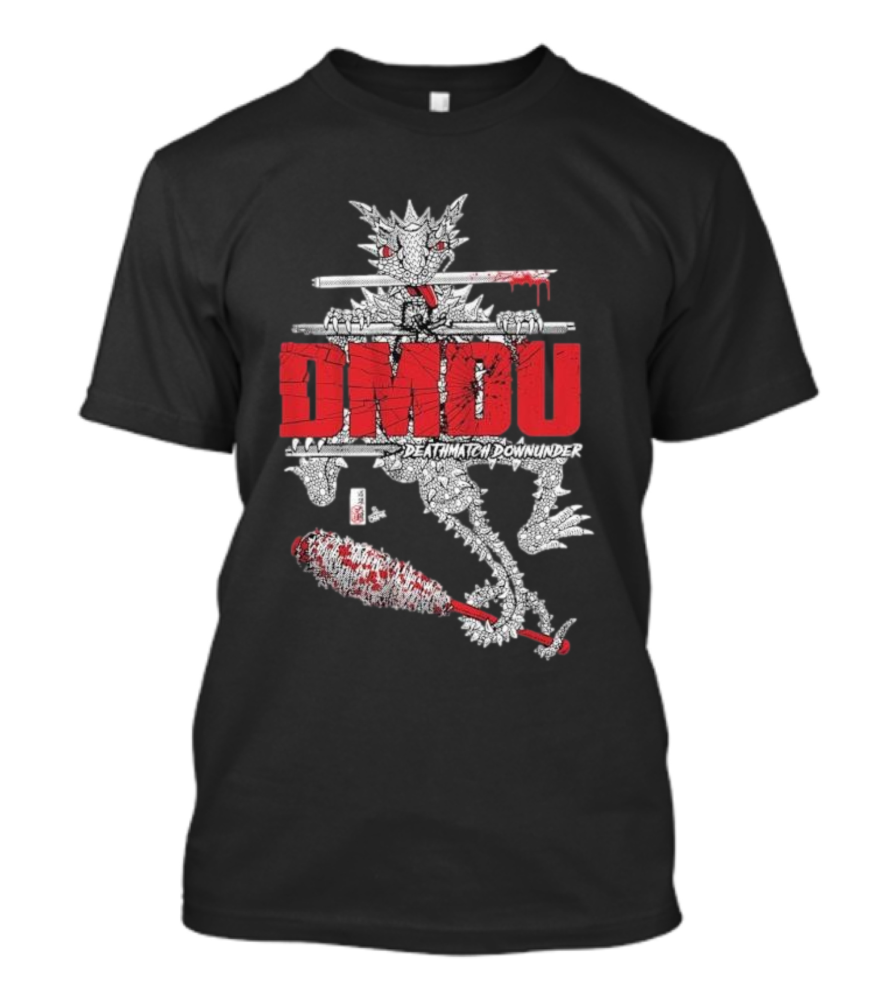 DMOU Deathmatch Downunder Dragon With Barbed Bat And Weaponry T-Shirt
