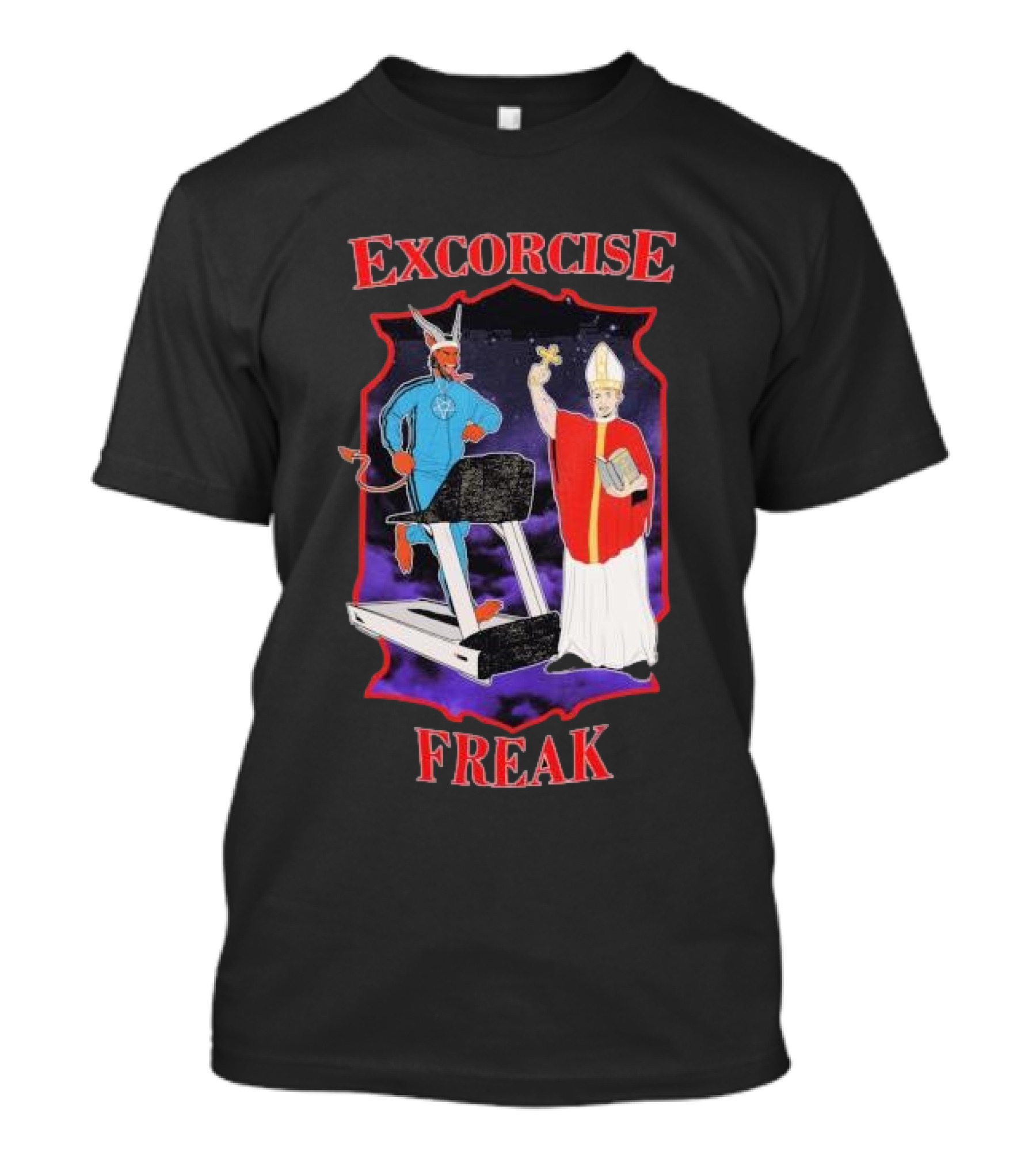 EXCORCISE FREAK Demon On Treadmill With Priest T-Shirt