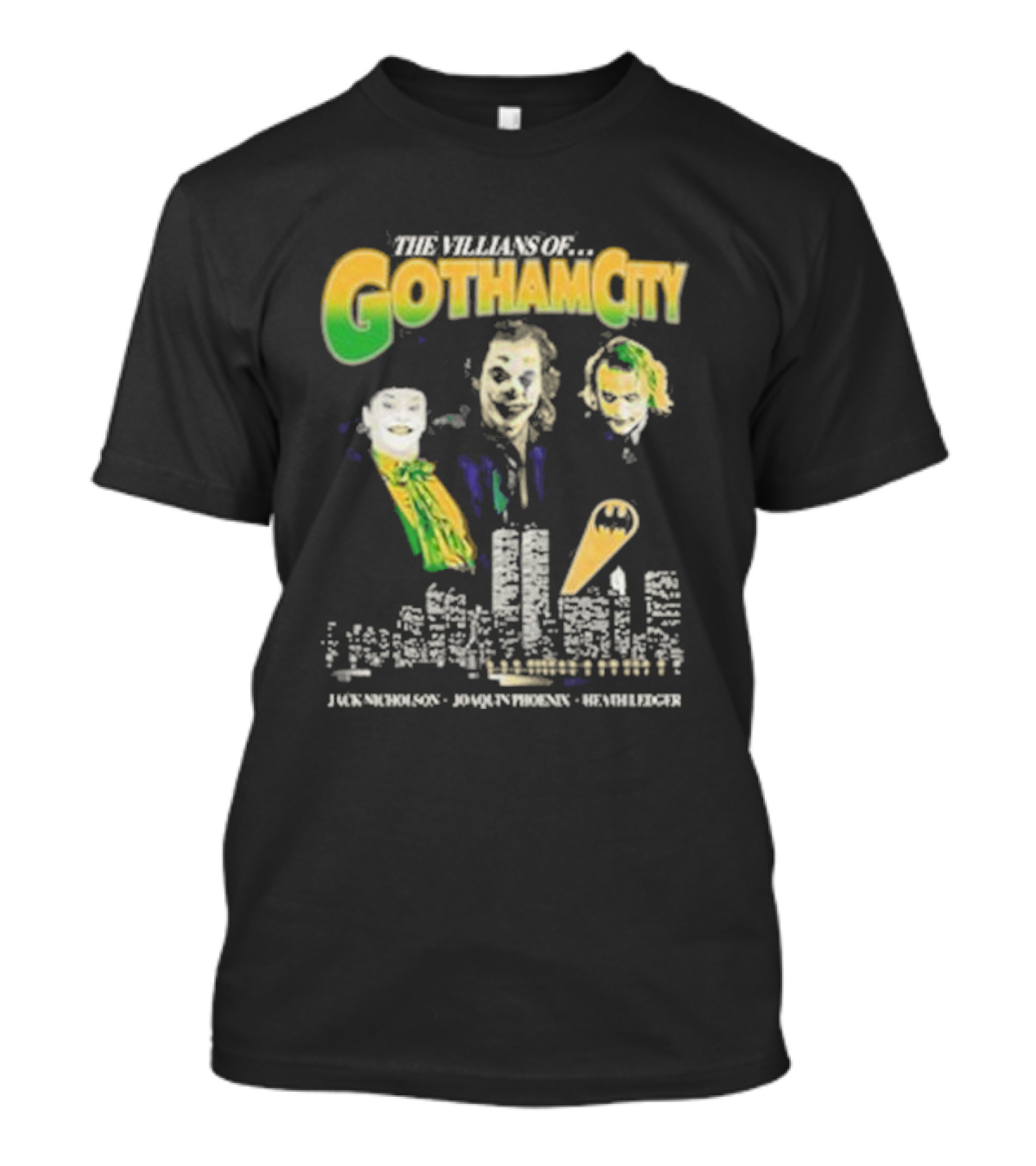 The Villains Of Gotham City Jack Nicholson Joaquin Phoenix Heath Ledger Joker Trio T-Shirt