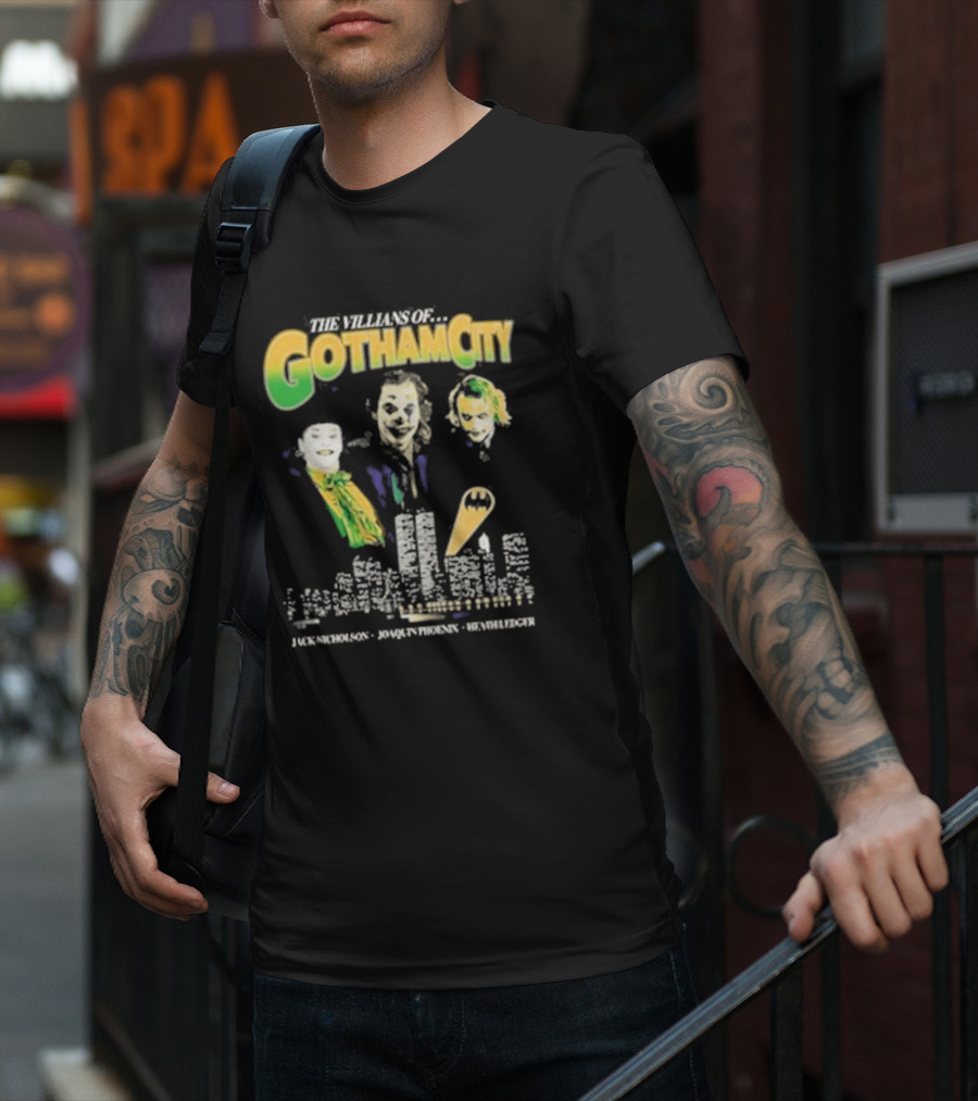 The Villains Of Gotham City Jack Nicholson Joaquin Phoenix Heath Ledger Joker Trio T-Shirt