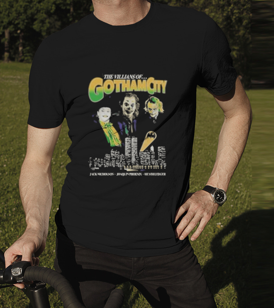The Villains Of Gotham City Jack Nicholson Joaquin Phoenix Heath Ledger Joker Trio T-Shirt