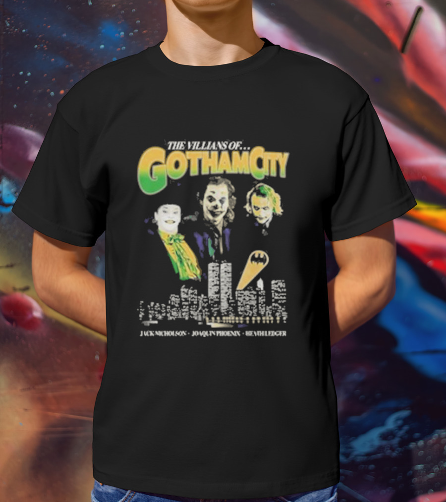 The Villains Of Gotham City Jack Nicholson Joaquin Phoenix Heath Ledger Joker Trio T-Shirt
