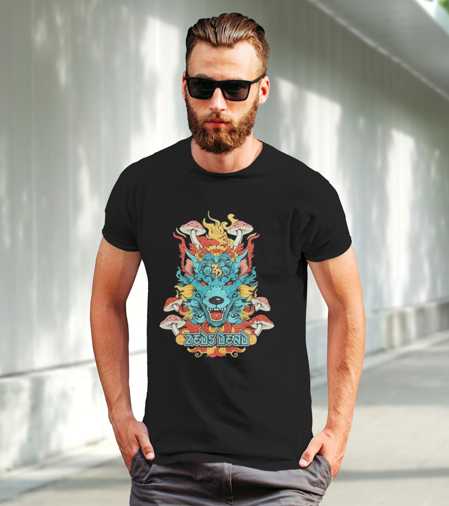 Zeds Dead Psychedelic Wolf And Mushrooms Imagery Navy T-Shirt