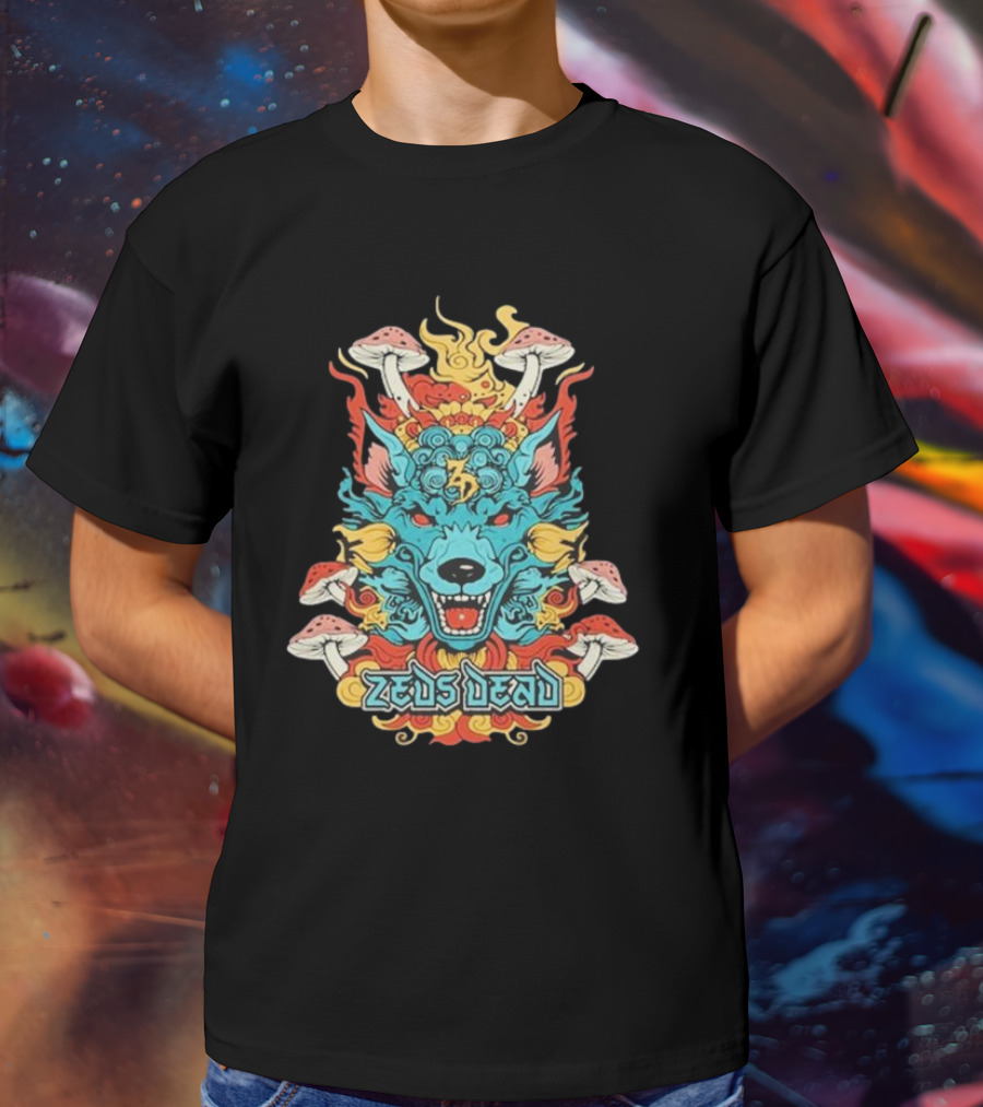 Zeds Dead Psychedelic Wolf And Mushrooms Imagery Navy T-Shirt