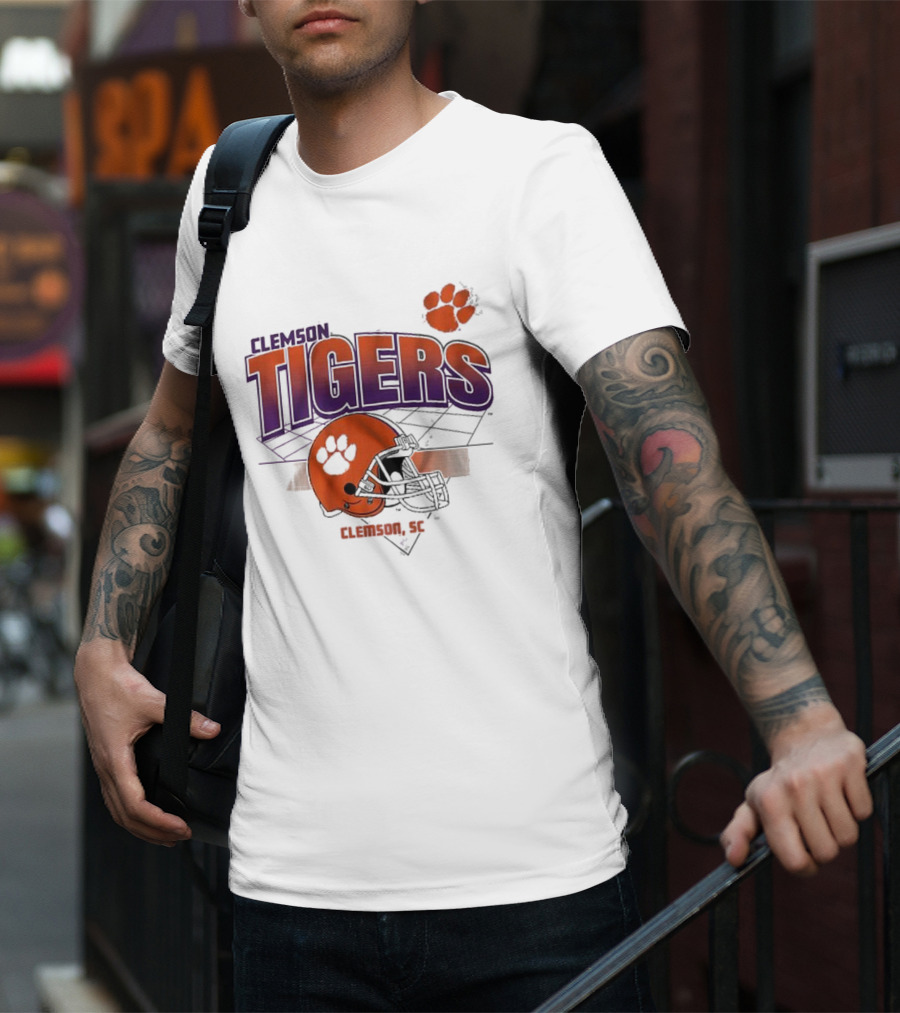 Clemson Tigers Football Helmet Logo Clemson SC Grid Paw Prints T-Shirt